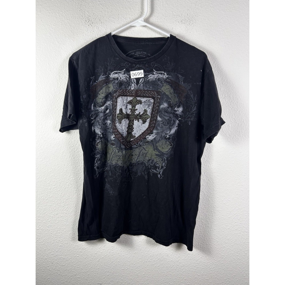Ring of Fire Mens Y2K Grunge Cross Shield Graphic Tee Black Size M
